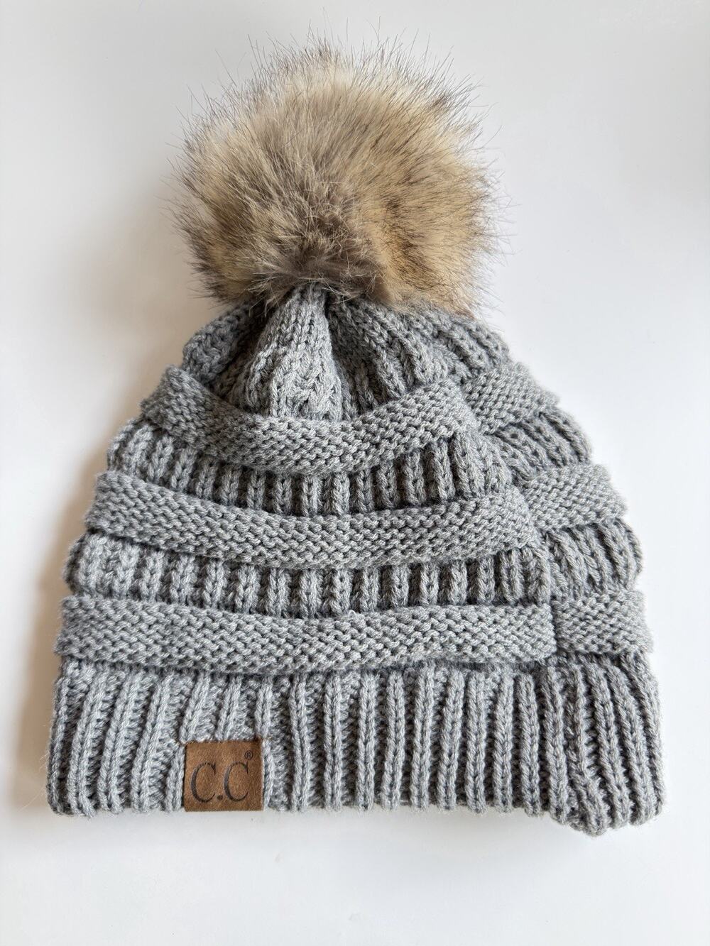 C.C Gray Knit Pom-Pom Beanie